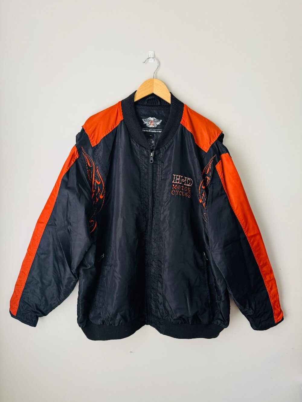 Harley Davidson Embroidered Bomber Jacket Mens 3XL Black Orange Flames Nylon Zip
